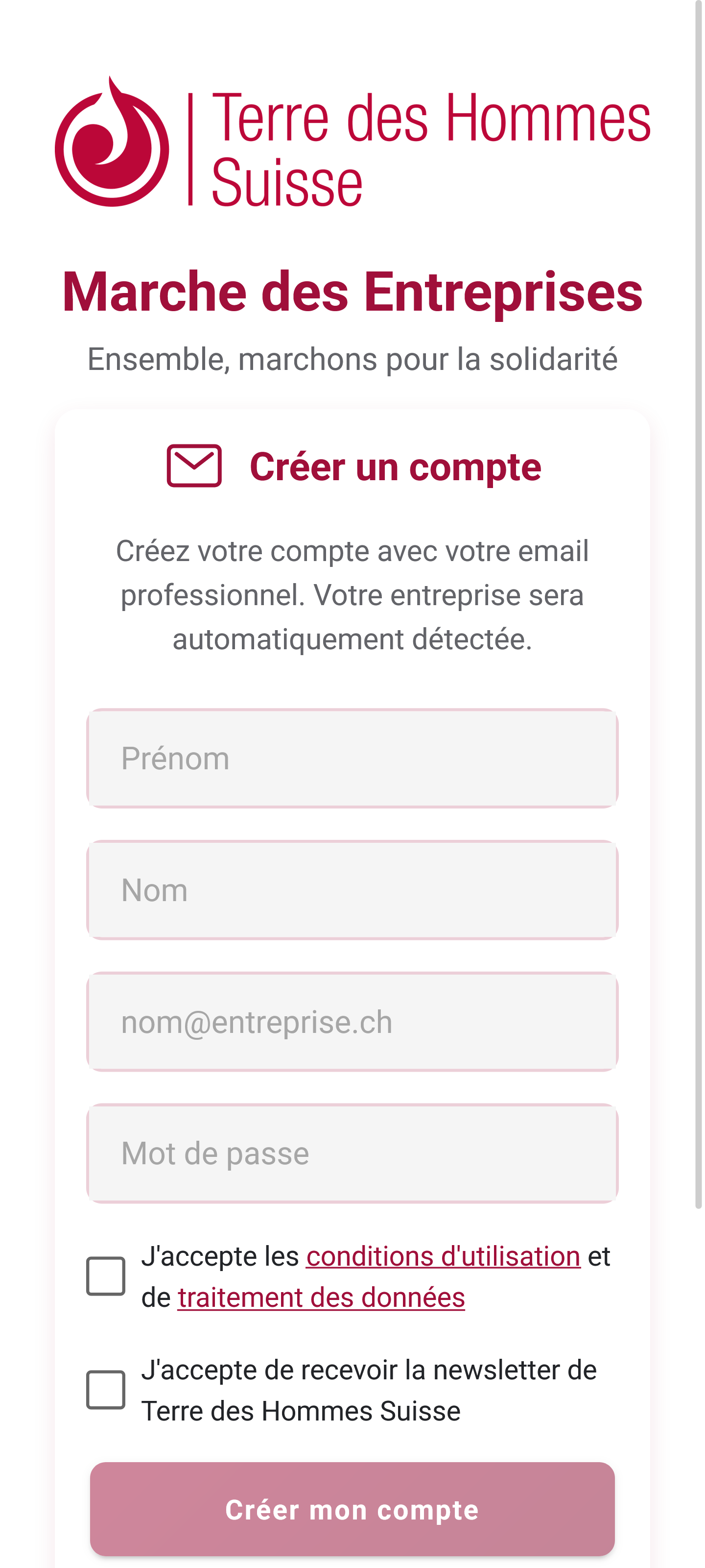 Écran de création de compte