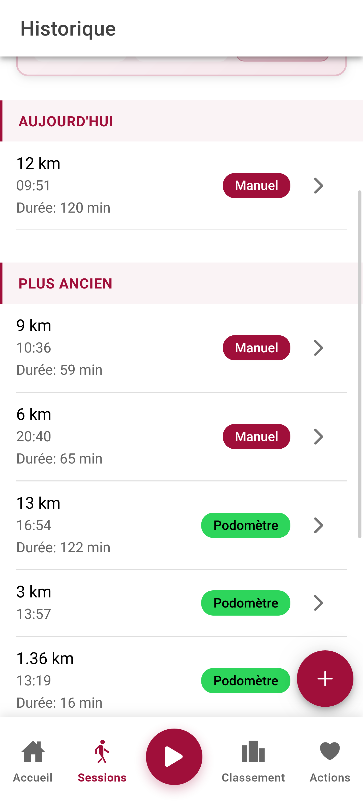 Liste des sessions de marche